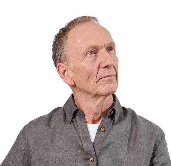 man looking upwards thinking at speech bubble